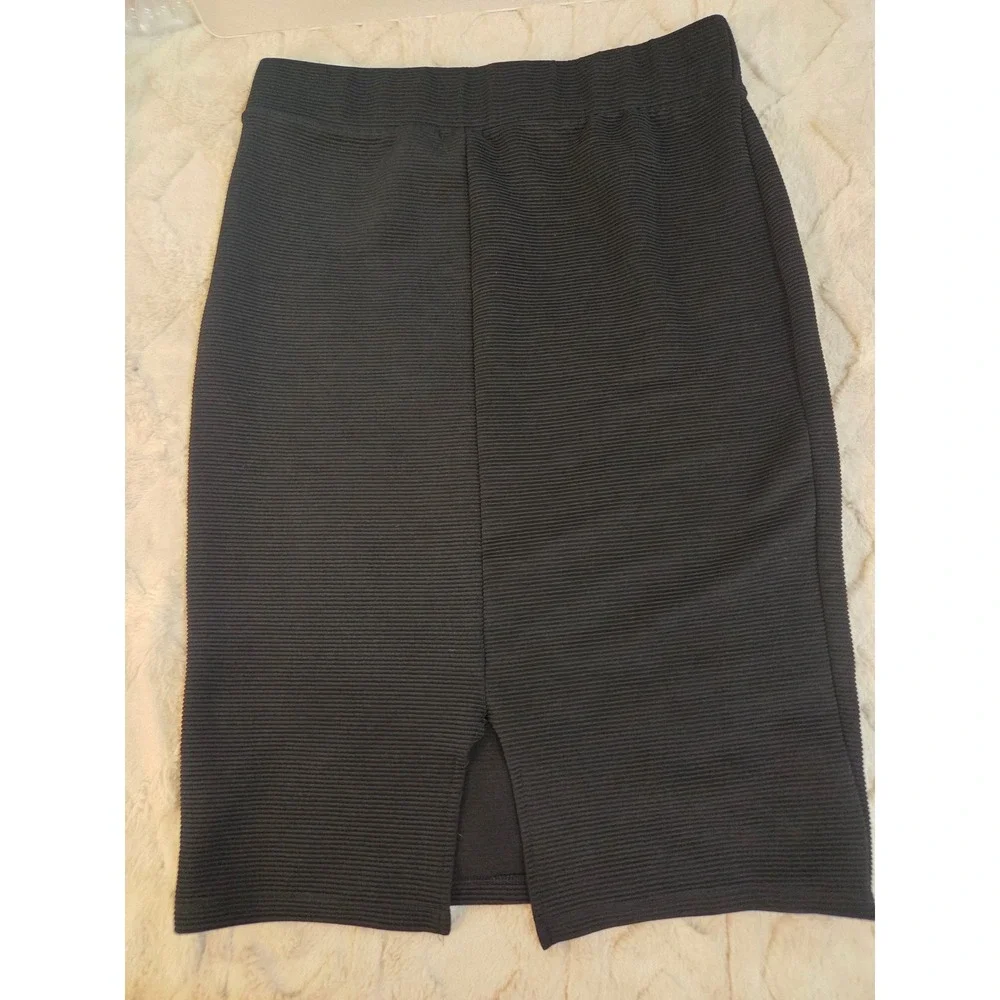 Y2K Fig & Blu Black Ribbed Pencil Skirt Elastic Waist Midi Stretch Vent Size M
